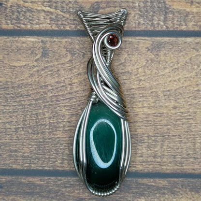 Green Onyx & Garnet Pendant | Sterling Silver - Wire Wrapped Handmade Jewelry | Natural Crystal | 20 inch stainless steel chain included