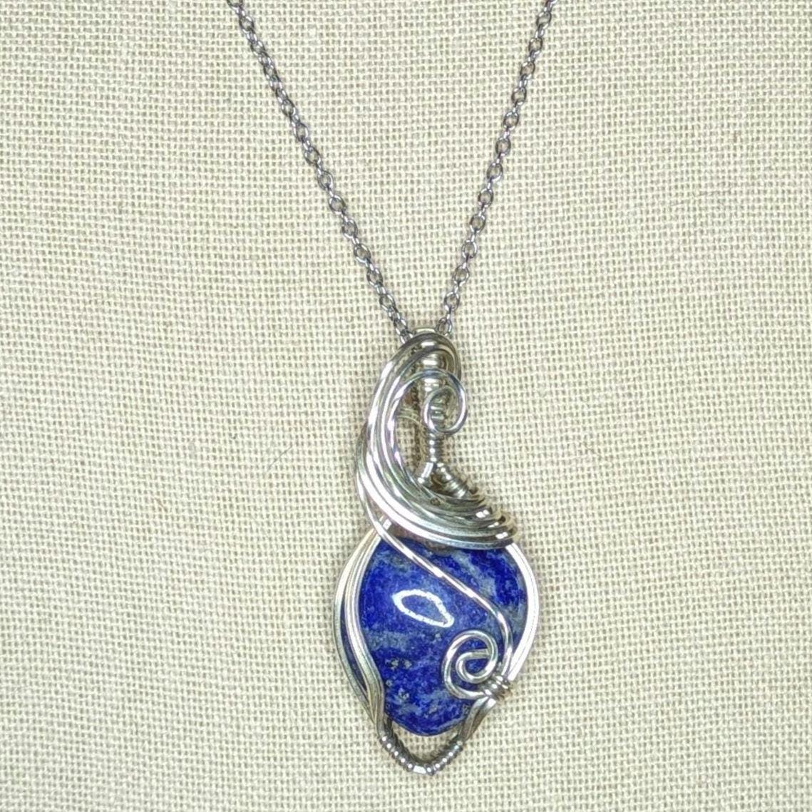 Lapis Lazuli Pendant | Sterling Silver - Wire Wrapped Handmade Jewelry | Natural Crystal | 20 inch stainless steel chain included