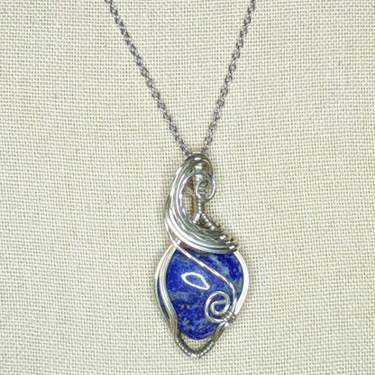 Lapis Lazuli Pendant | Sterling Silver - Wire Wrapped Handmade Jewelry | Natural Crystal | 20 inch stainless steel chain included