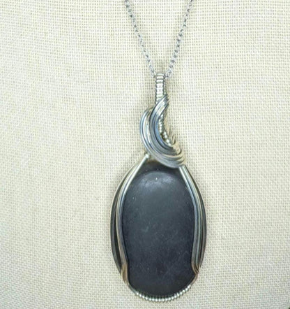 Shungite Pendant | Sterling Silver - Wire Wrapped Handmade Jewelry | Natural Crystal | 20 inch stainless steel chain included