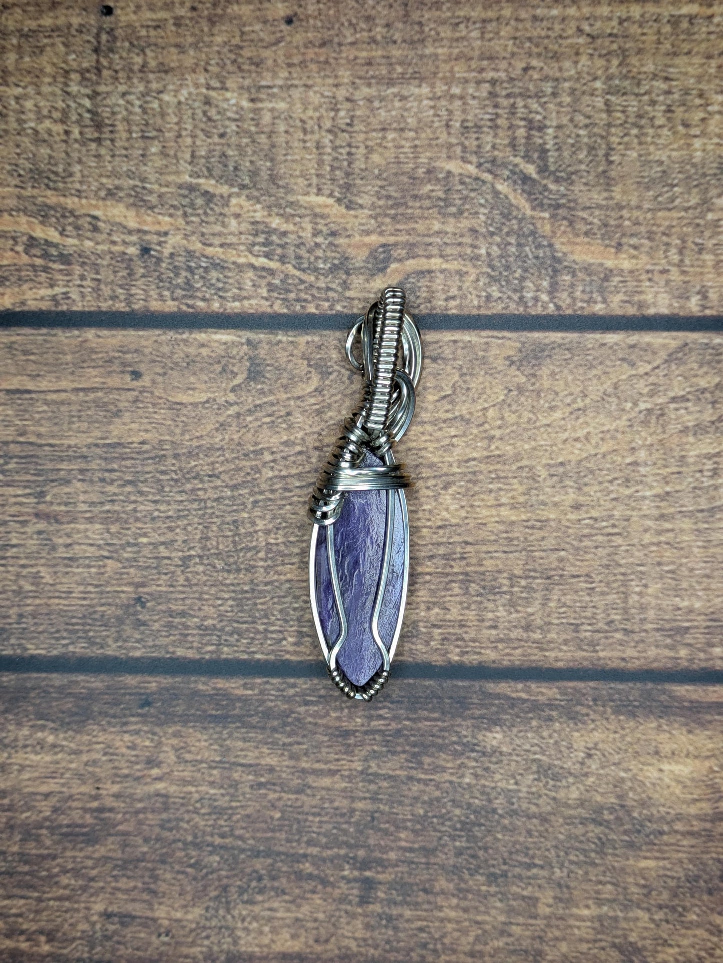 Charoite Pendant | Sterling Silver - Wire Wrapped Handmade Jewelry | Natural Crystal | 20 inch stainless steel chain included