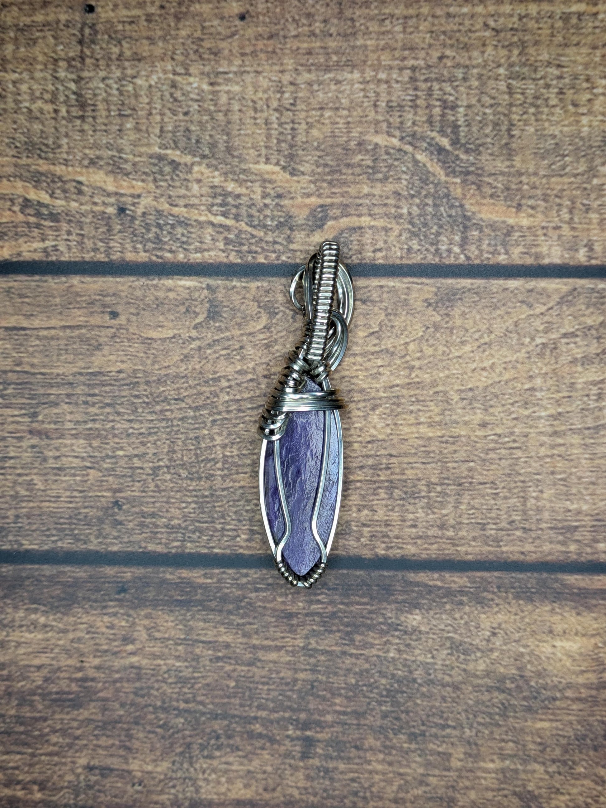 Charoite Pendant | Sterling Silver - Wire Wrapped Handmade Jewelry | Natural Crystal | 20 inch stainless steel chain included