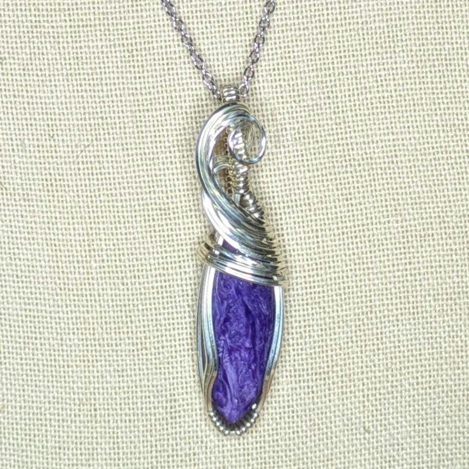 Charoite Pendant | Sterling Silver - Wire Wrapped Handmade Jewelry | Natural Crystal | 20 inch stainless steel chain included