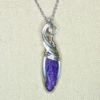 Charoite Pendant | Sterling Silver - Wire Wrapped Handmade Jewelry | Natural Crystal | 20 inch stainless steel chain included