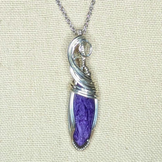 Charoite Pendant | Sterling Silver - Wire Wrapped Handmade Jewelry | Natural Crystal | 20 inch stainless steel chain included