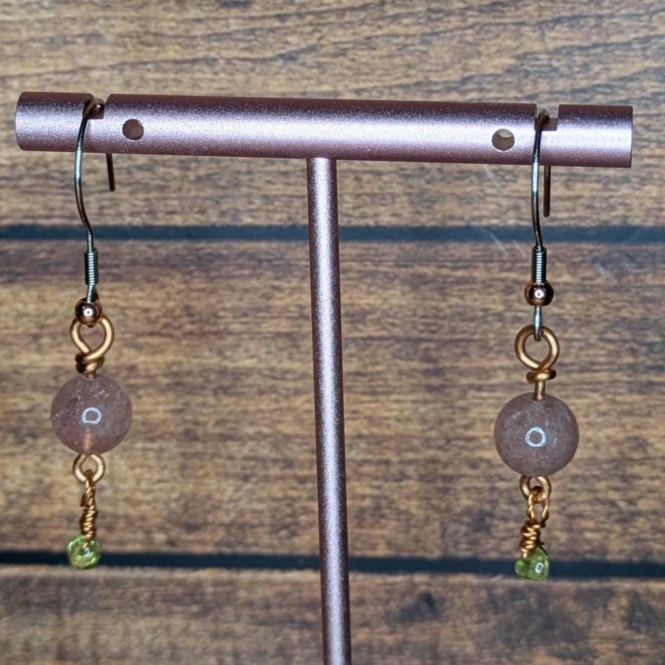 Copper and Natural Stone Earring Pair, with Stainless Steel Ear Wire, Strawberry Quartz & Peridot