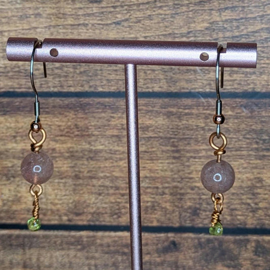 Copper and Natural Stone Earring Pair, with Stainless Steel Ear Wire, Strawberry Quartz & Peridot