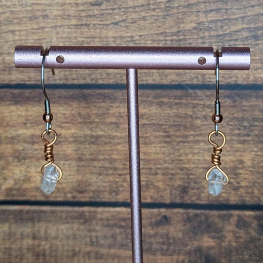 Copper and Natural Stone Earring Pair, with Stainless Steel Ear Wire, "Diamond" quartz