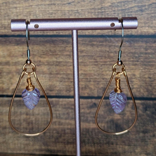 Copper and Carved Leaf Amethyst Natural Stone Earring Pair, with Stainless Steel Ear Wire