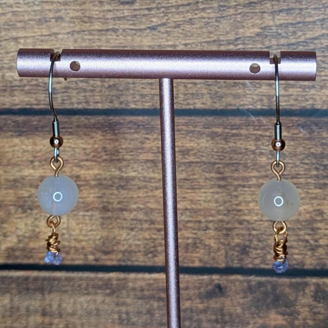 Copper and Natural Stone Earring Pair, with Stainless Steel Ear Wire, Tanzanite dangle