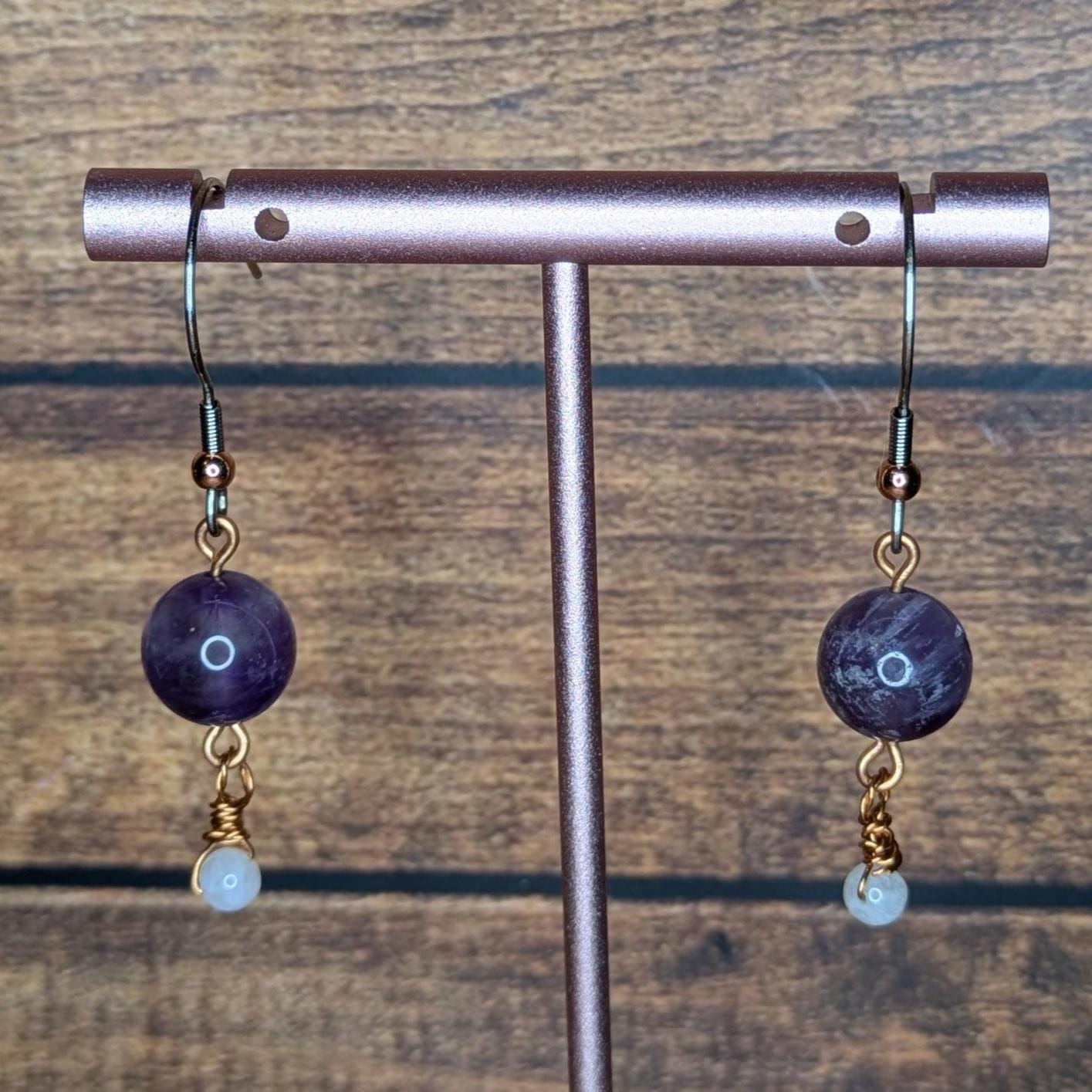 Copper and Natural Stone Earring Pair, with Stainless Steel Ear Wire, Amethyst & Moonstone