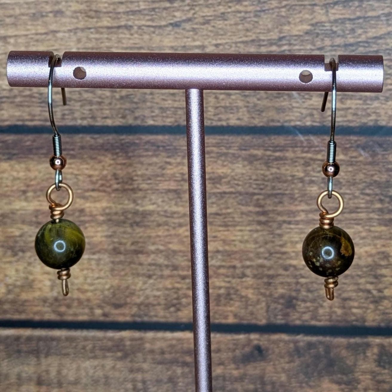 Copper and Natural Stone Earring Pair, with Stainless Steel Ear Wire, Tigers Eye