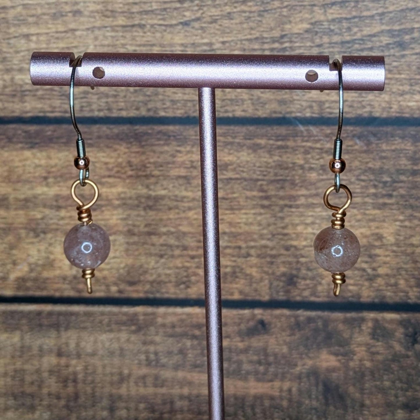 Copper and Natural Stone Earring Pair, with Stainless Steel Ear Wire, Strawberry Quartz