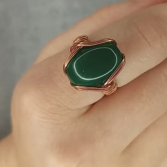 Green Onyx Ring | Copper - Wire Wrapped Handmade Jewelry | Natural Crystal | Statement Ring | Size 9