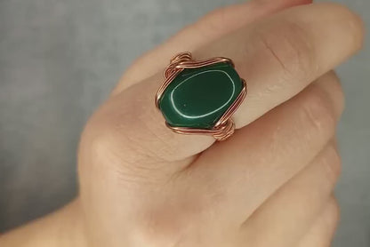 Green Onyx Ring | Copper - Wire Wrapped Handmade Jewelry | Natural Crystal | Statement Ring | Size 9