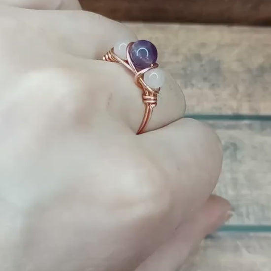 Amethyst & Rose Quartz Ring Size 1 - 10 Wire Wrapped in Copper