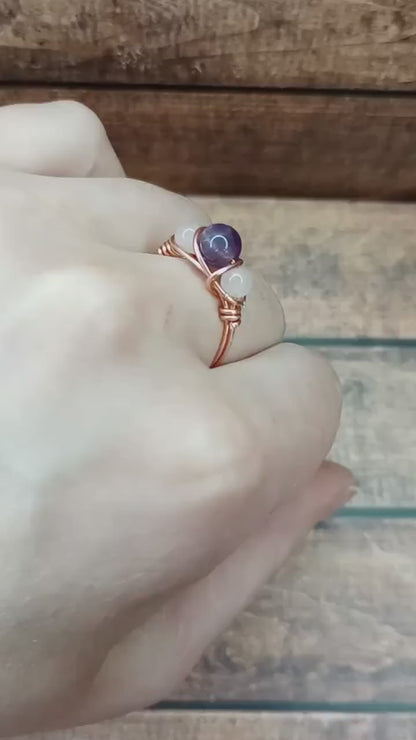 Amethyst & Rose Quartz Ring Size 1 - 10 Wire Wrapped in Copper