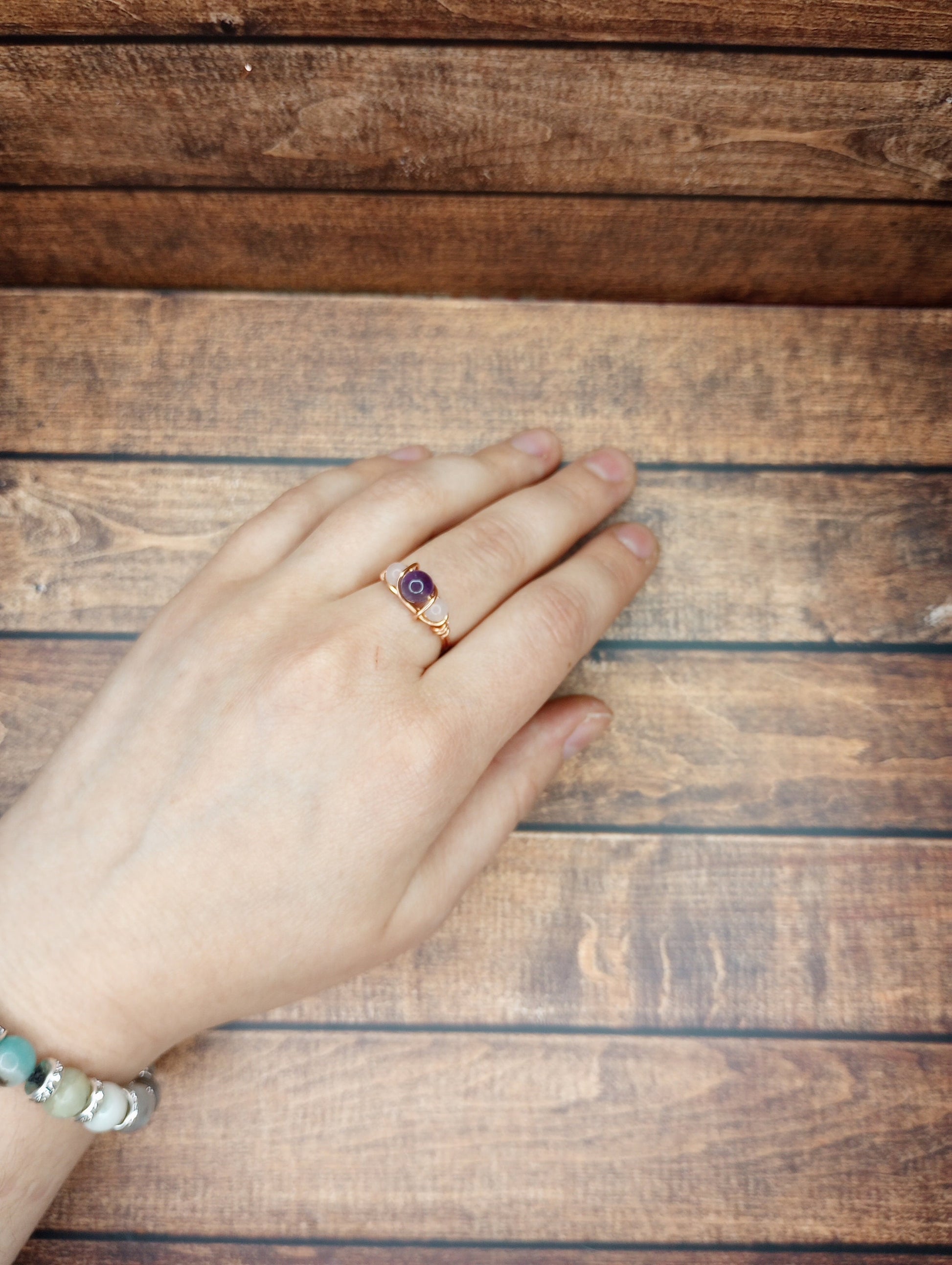 Amethyst & Rose Quartz Ring Size 1 - 10 Wire Wrapped in Copper