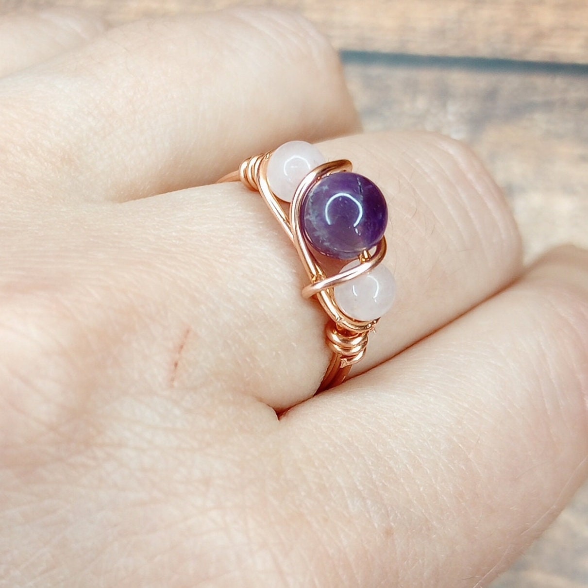 Amethyst & Rose Quartz Ring Size 1 - 10 Wire Wrapped in Copper