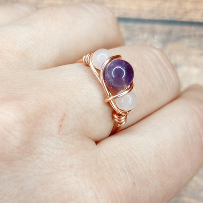 Amethyst & Rose Quartz Ring Size 1 - 10 Wire Wrapped in Copper