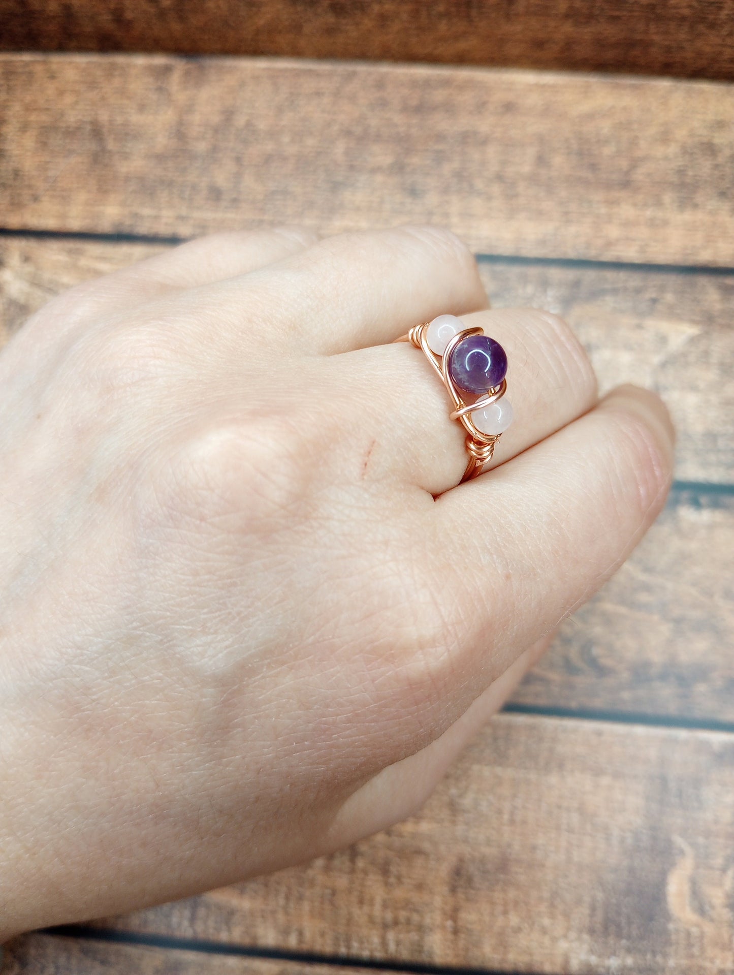 Amethyst & Rose Quartz Ring Size 1 - 10 Wire Wrapped in Copper