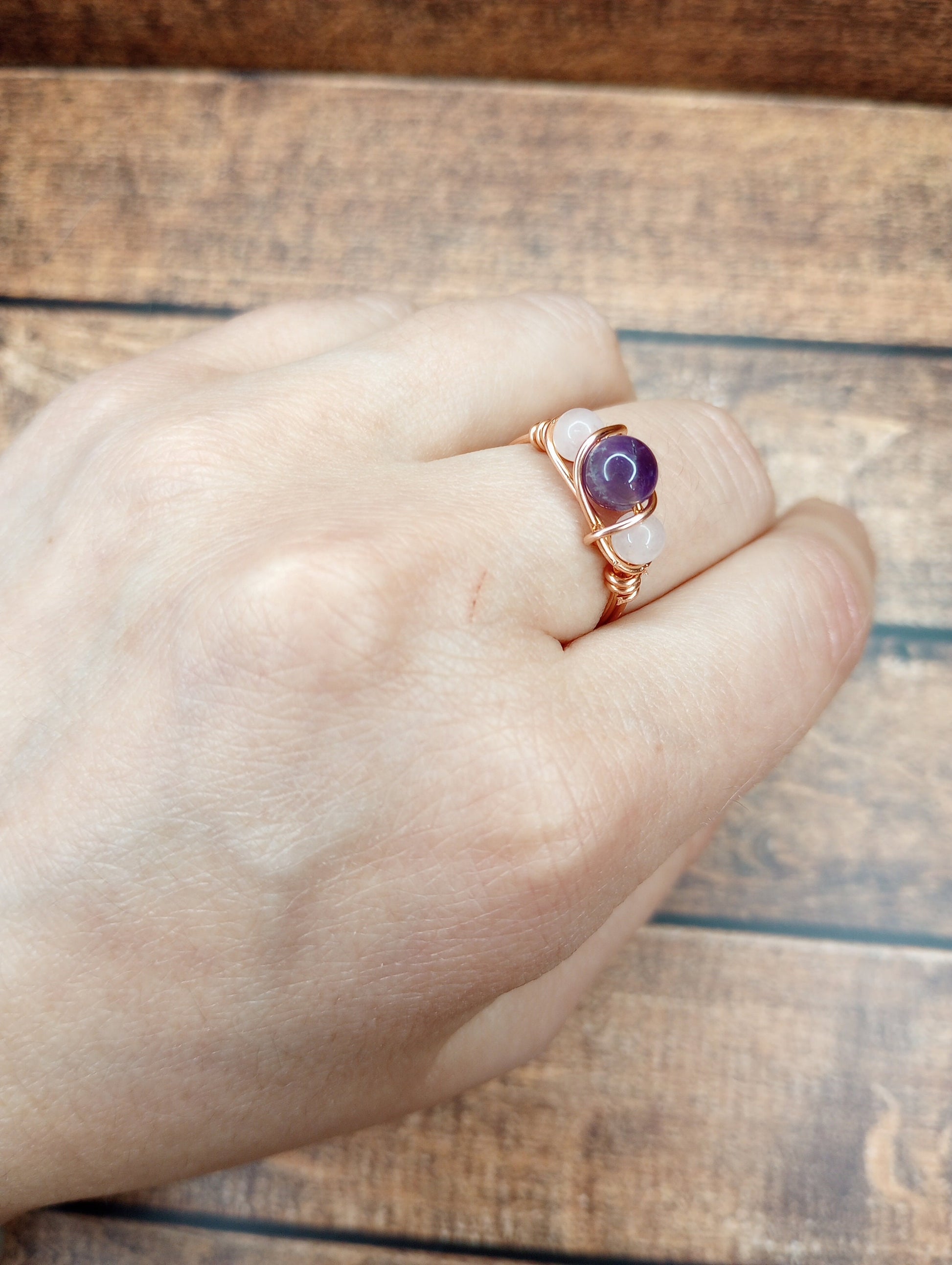 Amethyst & Rose Quartz Ring Size 1 - 10 Wire Wrapped in Copper