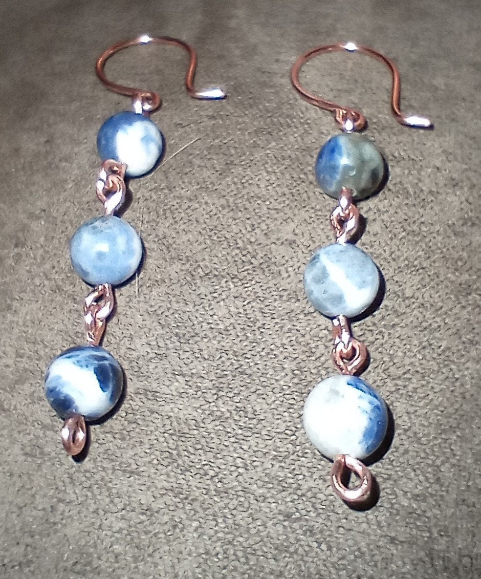 Crystal Drop Earrings, Amethyst, Sodalite, or Quartz, Handmade in Copper