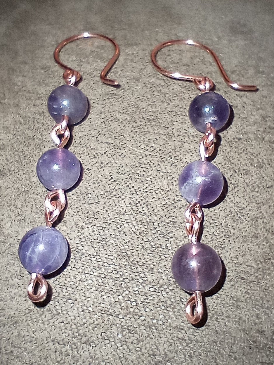 Crystal Drop Earrings, Amethyst, Sodalite, or Quartz, Handmade in Copper