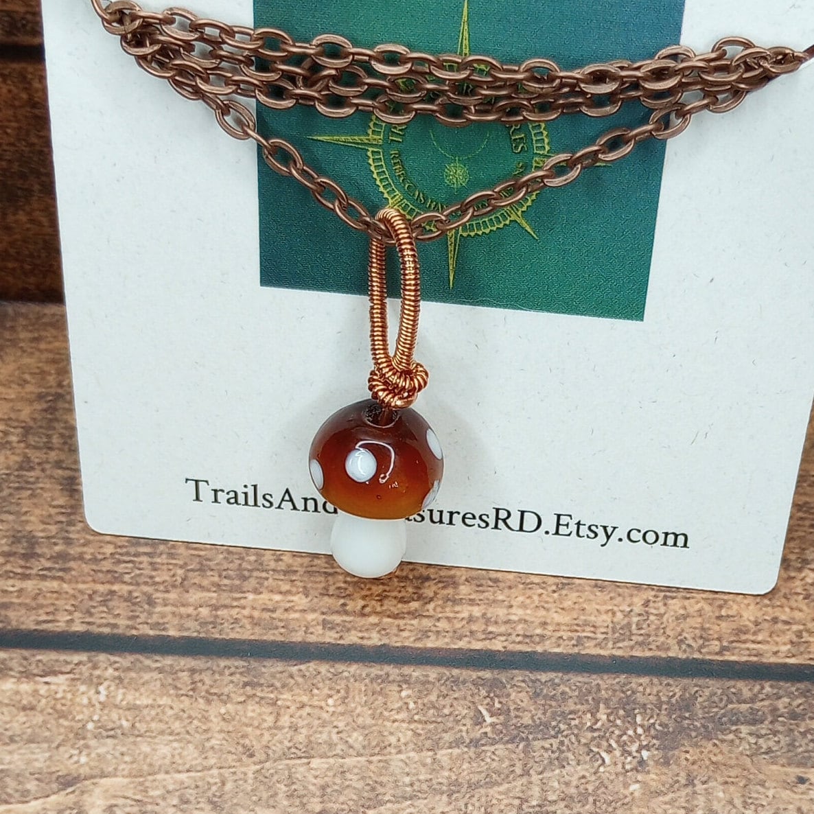 Mushroom Pendant |Glass & Copper - Wire Wrapped Handmade Jewelry | Minimalist, Nature