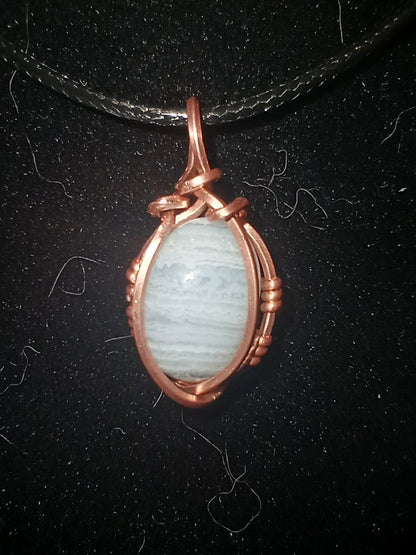 Blue Lace Agate Pendant, Dainty, Wire Wrapped in Copper, Handmade Jewelry