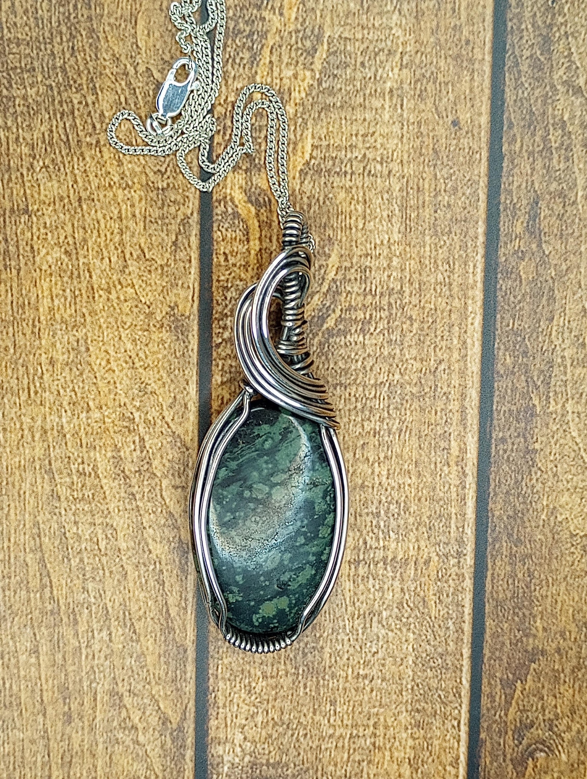 Kambaba Jasper Pendant | Sterling Silver- Wire Wrapped Handmade Jewelry | Natural Crystal | Boho, Minimalist