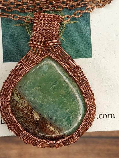 Boulder Chrysoprase Woven Pendant | Copper - Wire Wrapped Handmade Jewelry | Natural Crystal | Boho, Statement