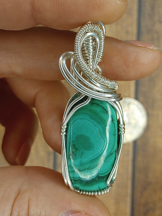 Malachite Pendant | Sterling Silver- Wire Wrapped Handmade Jewelry | Natural Crystal | Boho