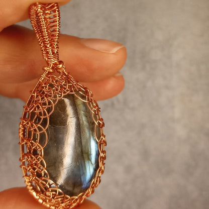 Handmade Labradorite Pendant | Viking Weave, Wire Wrapped in Copper | Wire Wrapped Handmade Jewelry | Natural Crystal | Boho, Statement