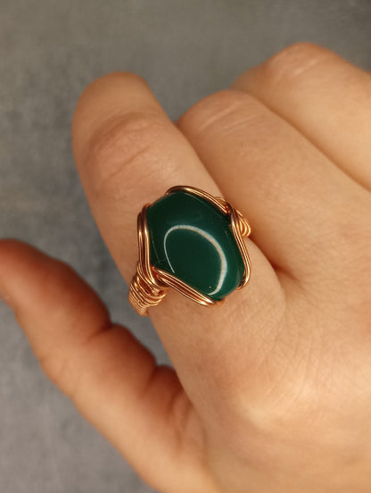 Green Onyx Ring | Copper - Wire Wrapped Handmade Jewelry | Natural Crystal | Statement Ring | Size 9