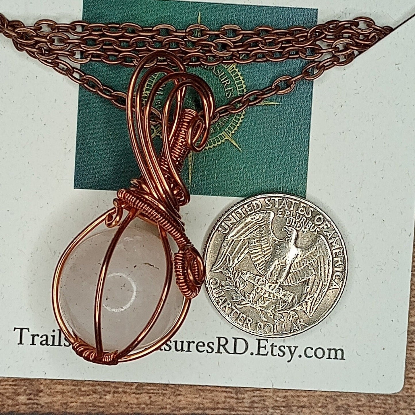 Rose Quartz Wire Wrapped Pendant in Copper, Handmade Jewelry