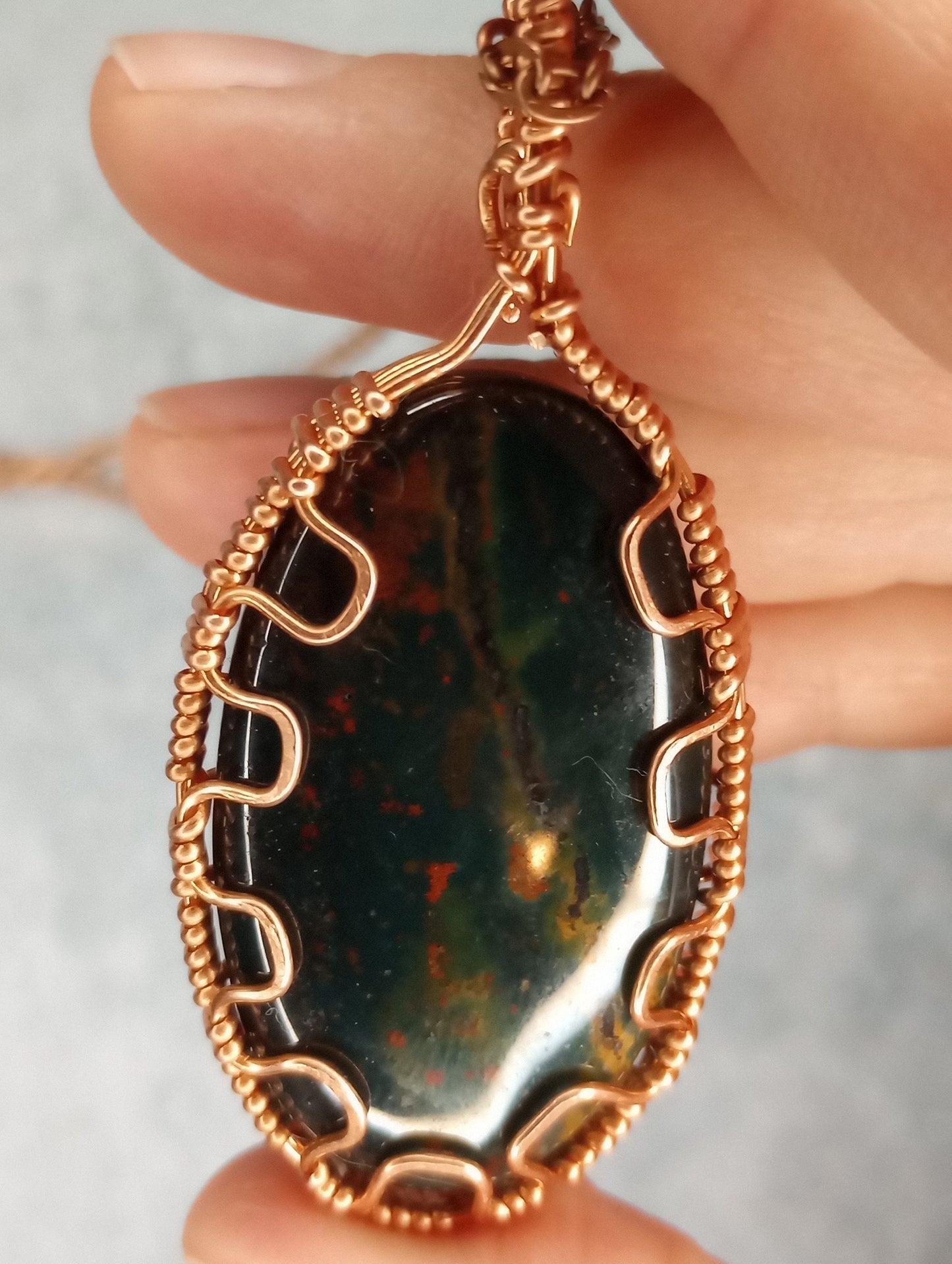 Bloodstone Jasper Pendant | Copper - Wire Wrapped Handmade Jewelry | Natural Crystal | Boho, Minimalist