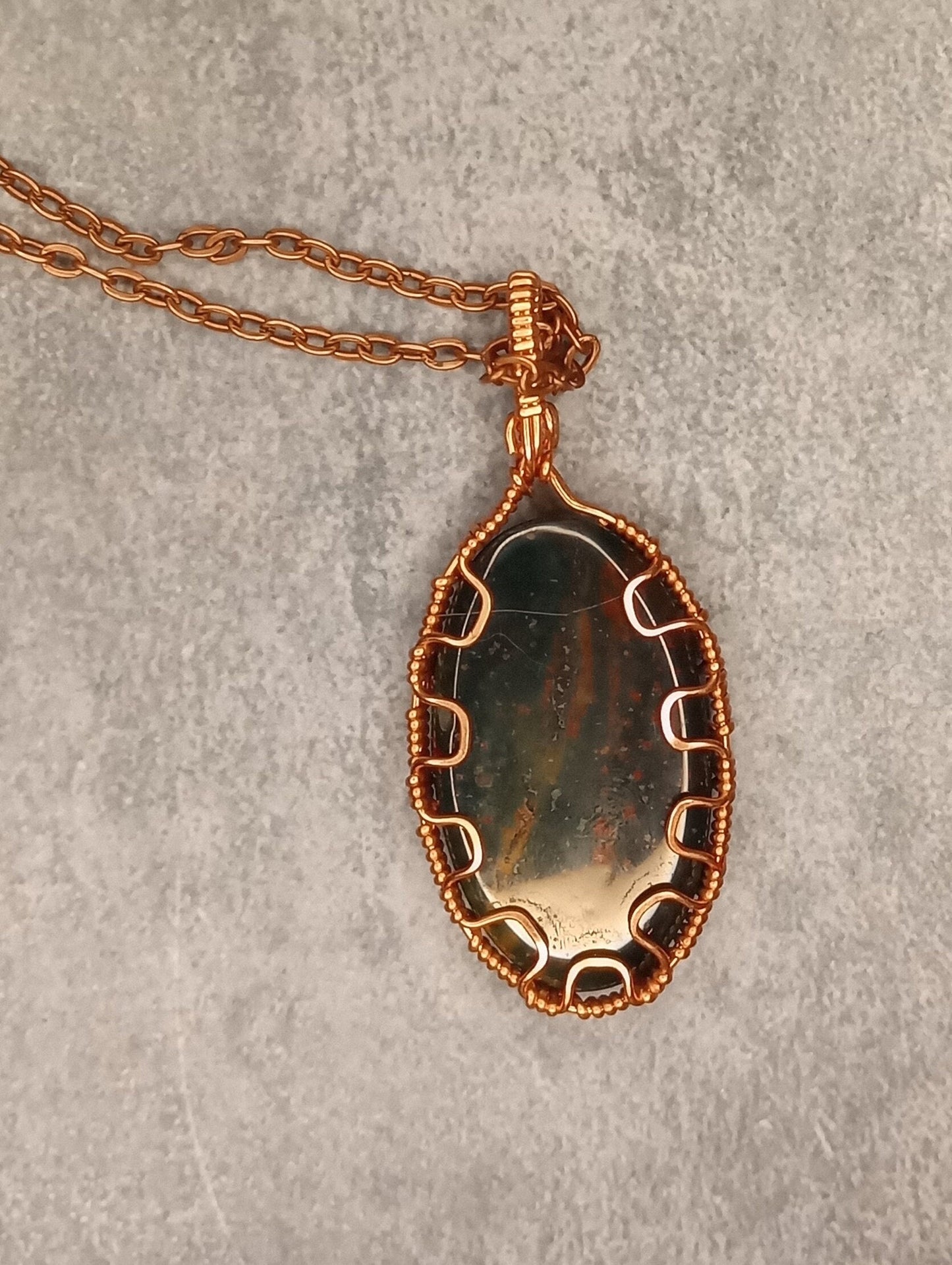 Bloodstone Jasper Pendant | Copper - Wire Wrapped Handmade Jewelry | Natural Crystal | Boho, Minimalist