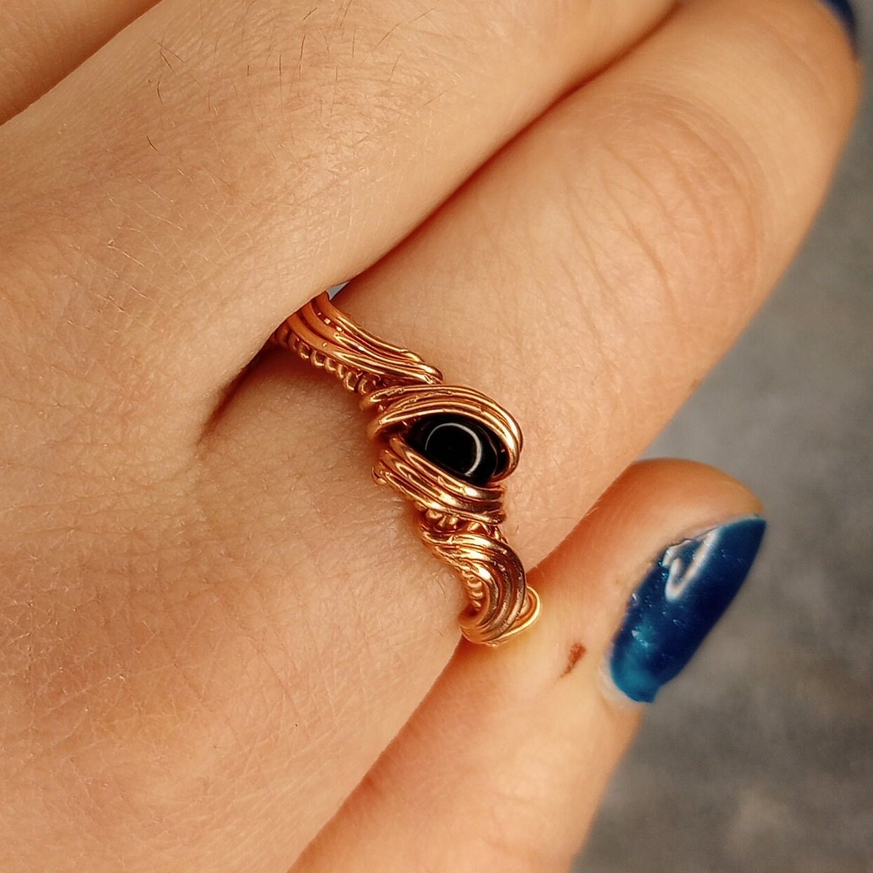 Black Onyx Ring | Copper - Wire Wrapped Handmade Jewelry | Natural Crystal | Minimalist | Size 12