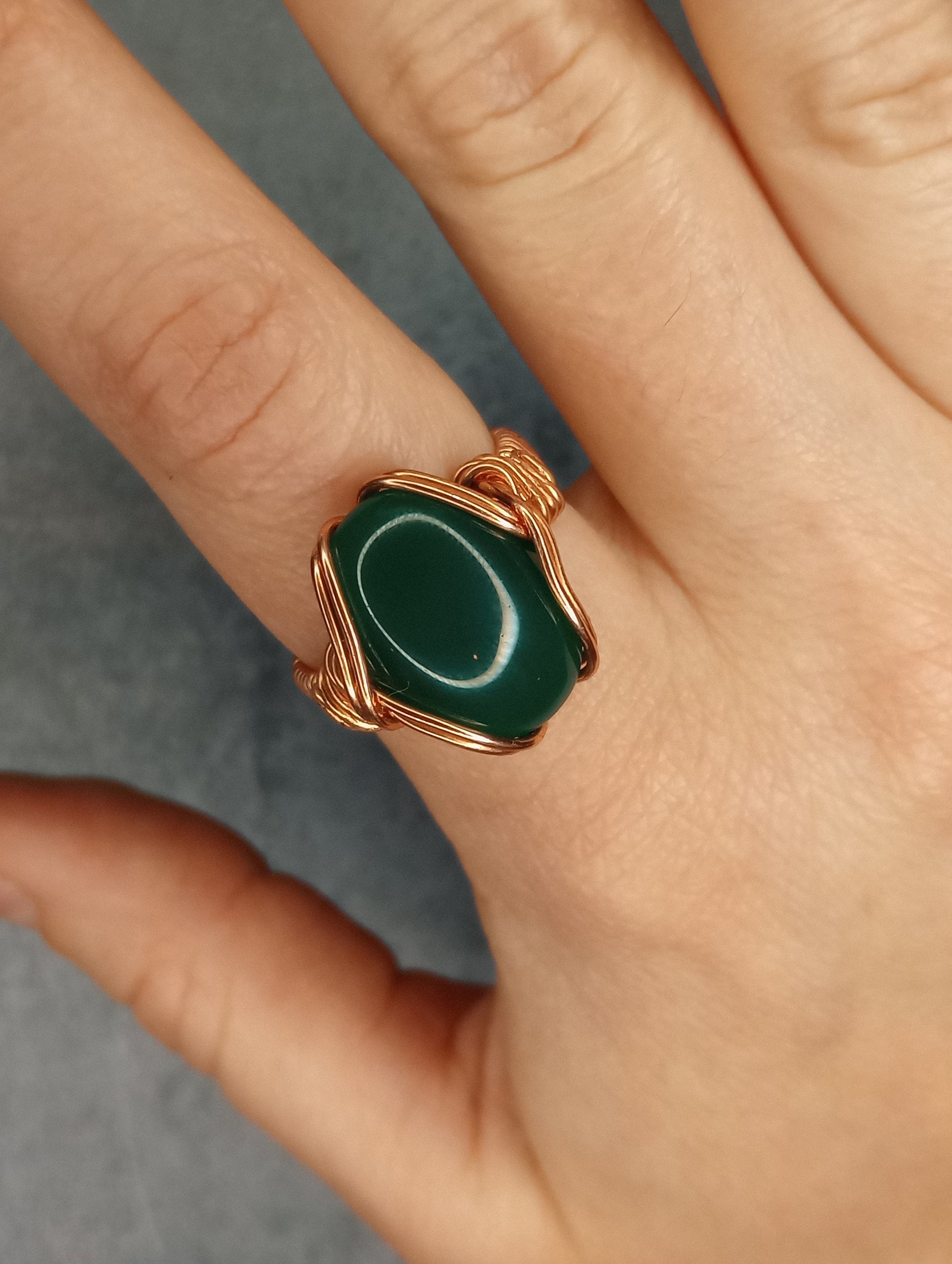 Green Onyx Ring | Copper - Wire Wrapped Handmade Jewelry | Natural Crystal | Statement Ring | Size 9