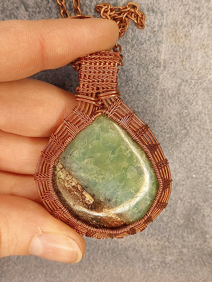 Boulder Chrysoprase Woven Pendant | Copper - Wire Wrapped Handmade Jewelry | Natural Crystal | Boho, Statement