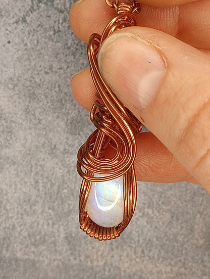 Rainbow Moonstone Pendant w Amethyst, Wire Wrapped in Copper, Handmade Jewelry