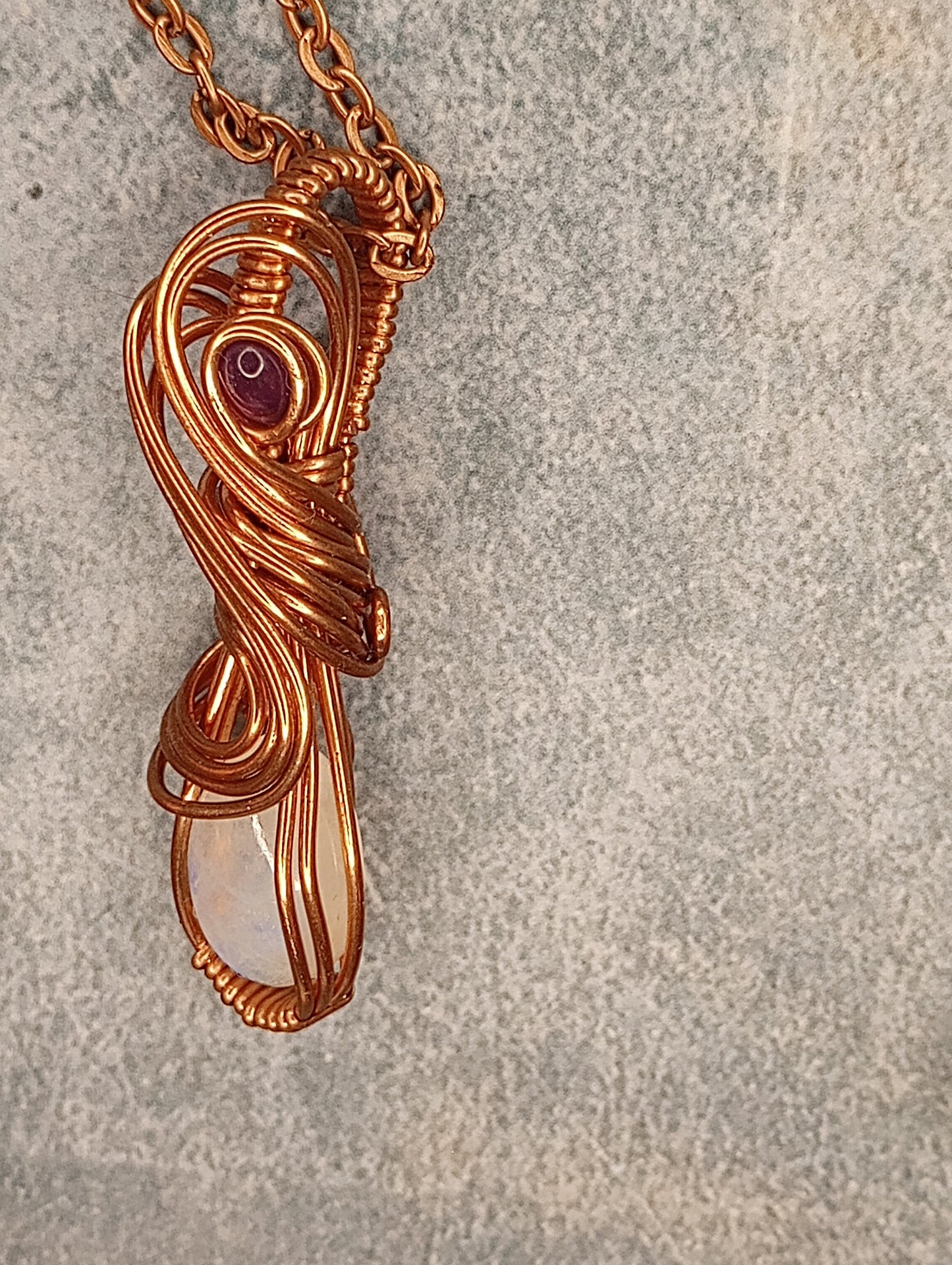 Rainbow Moonstone Pendant w Amethyst, Wire Wrapped in Copper, Handmade Jewelry