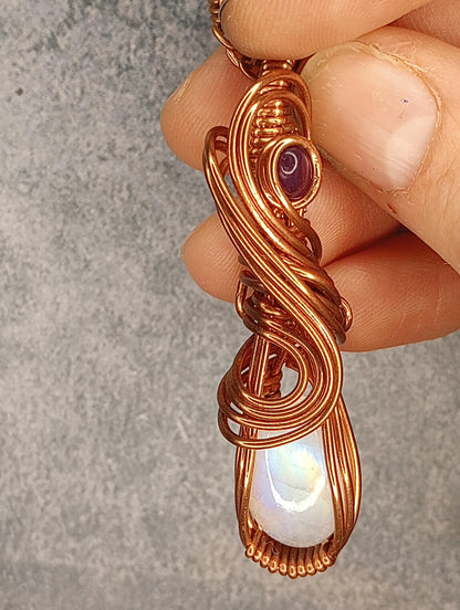 Rainbow Moonstone Pendant w Amethyst, Wire Wrapped in Copper, Handmade Jewelry