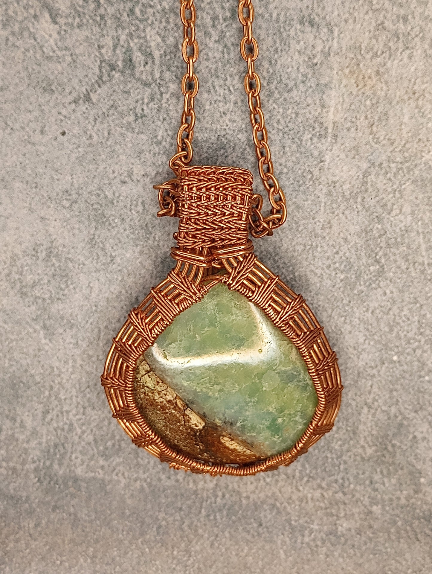 Boulder Chrysoprase Woven Pendant | Copper - Wire Wrapped Handmade Jewelry | Natural Crystal | Boho, Statement