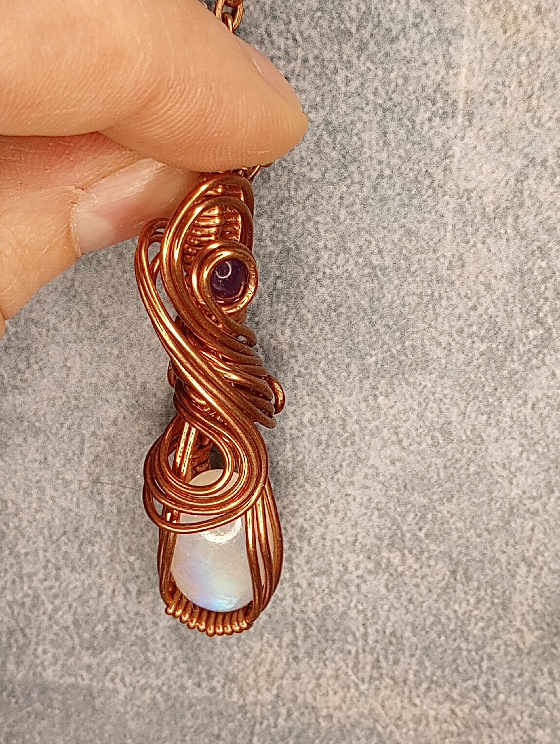 Rainbow Moonstone Pendant w Amethyst, Wire Wrapped in Copper, Handmade Jewelry