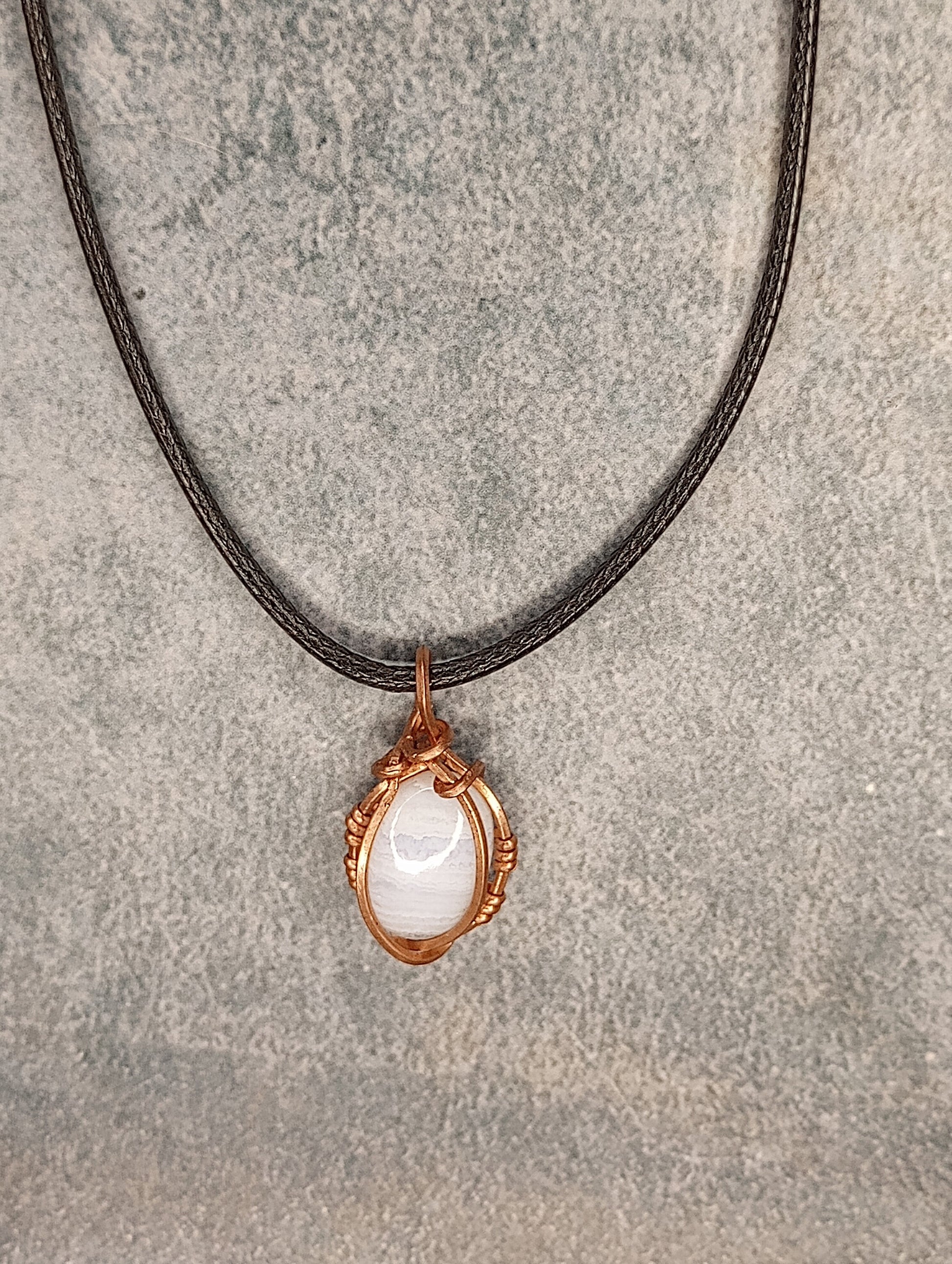 Blue Lace Agate Pendant, Dainty, Wire Wrapped in Copper, Handmade Jewelry