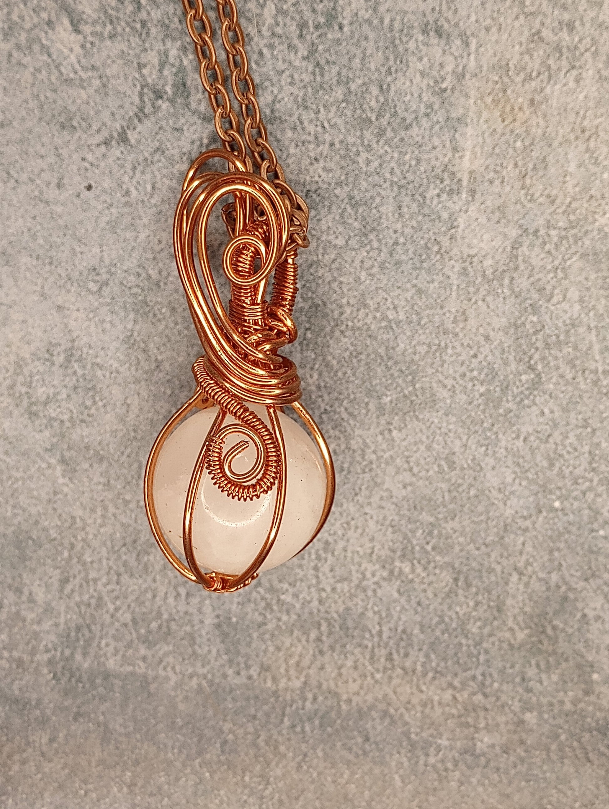 Rose Quartz Wire Wrapped Pendant in Copper, Handmade Jewelry