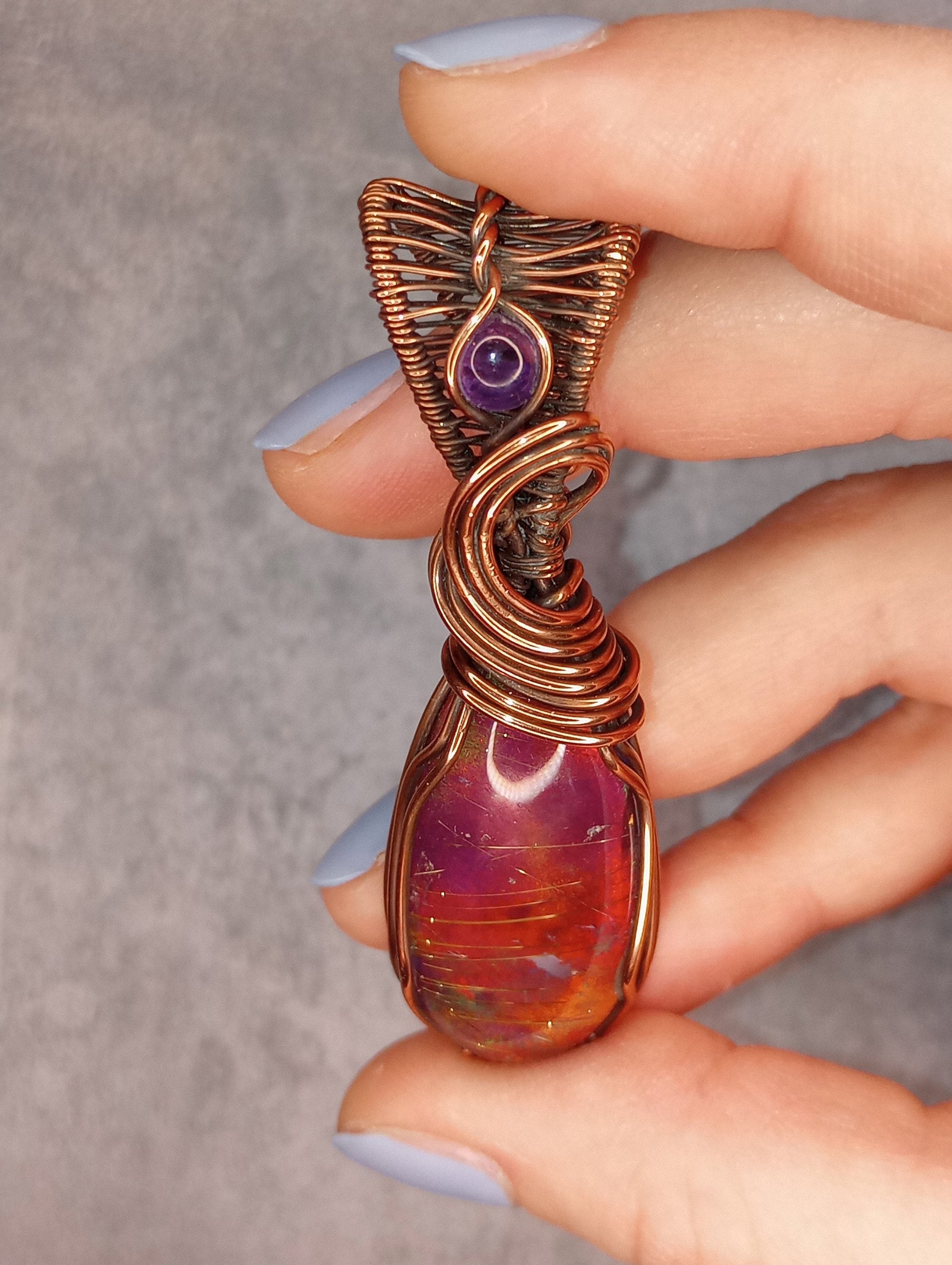 Aurora Opal & Amethyst Pendant | Copper - Wire Wrapped Handmade Jewelry | Boho, Statement