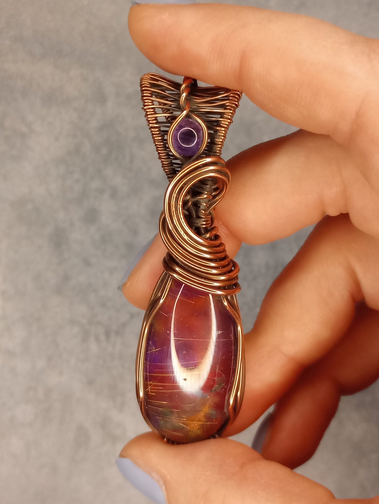 Aurora Opal & Amethyst Pendant | Copper - Wire Wrapped Handmade Jewelry | Boho, Statement